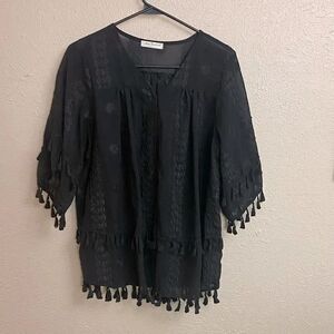Ace Fashion EMBROIDERED FRINGE TOP Black Large